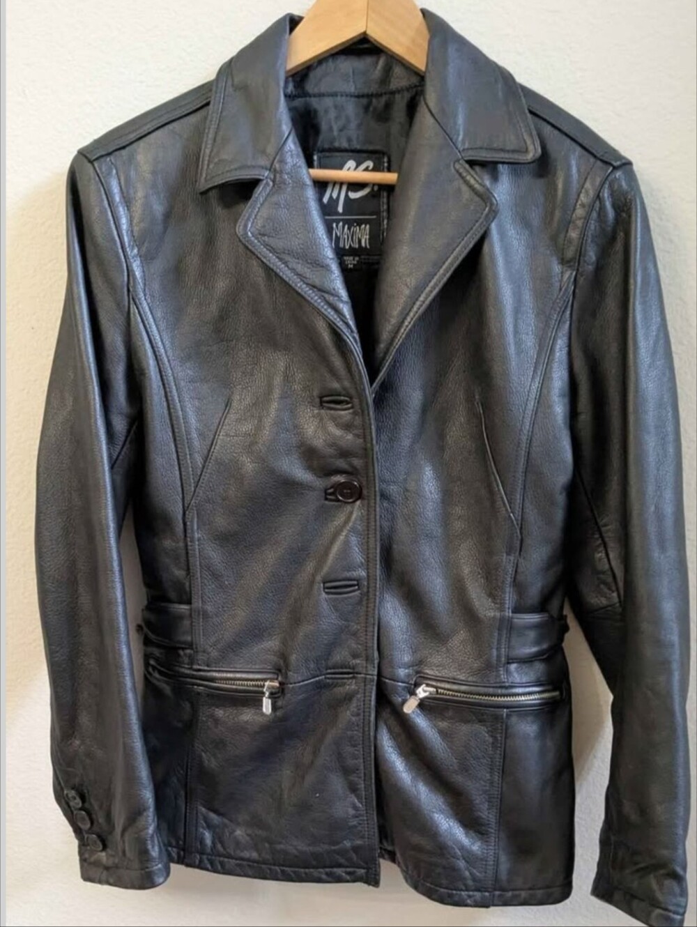 Maxima 100% Black Leather Button-Front Jacket